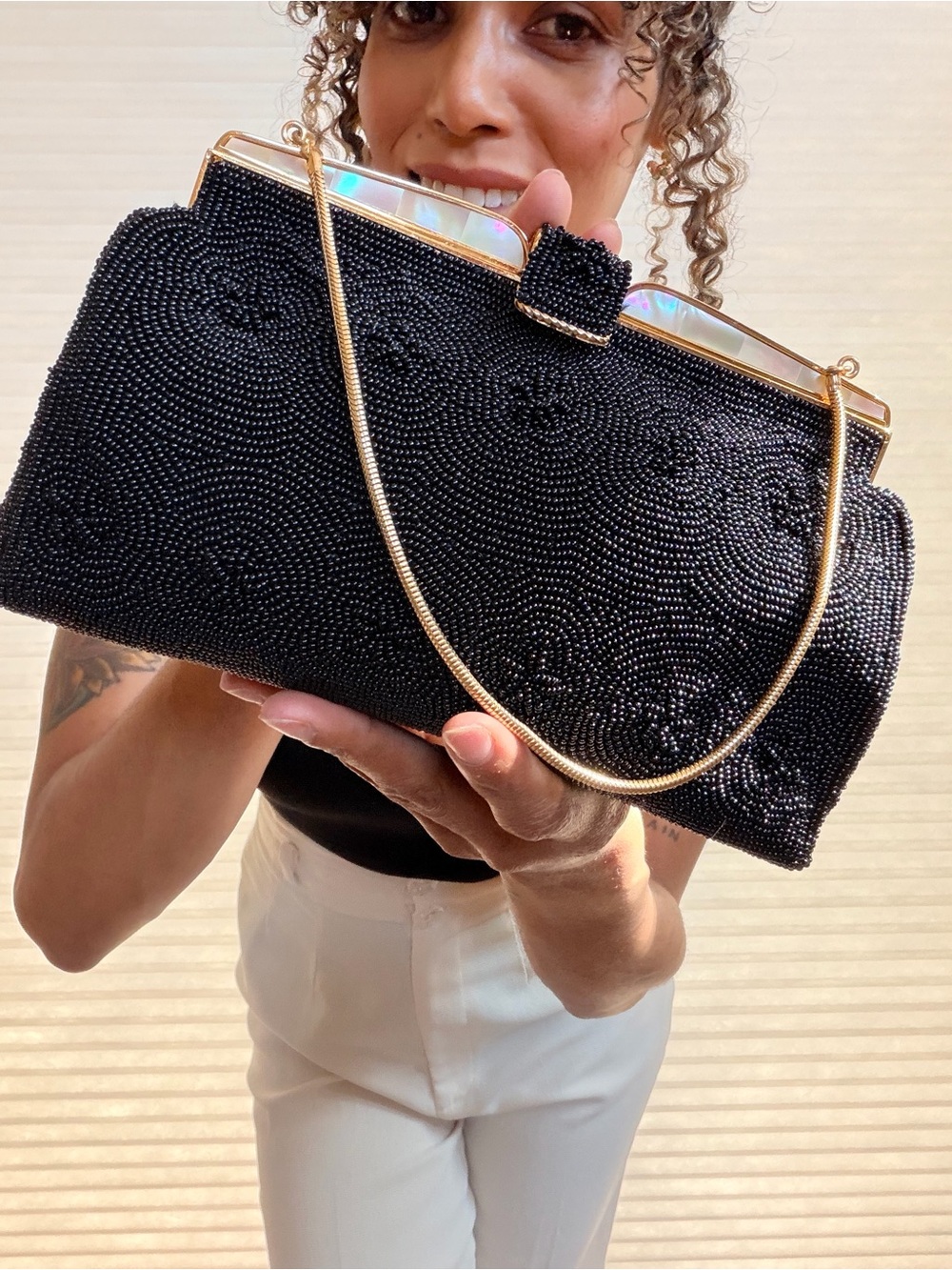 Vintage Black Beaded Evening Bag with Gold & Mother-of-Pearl Frame